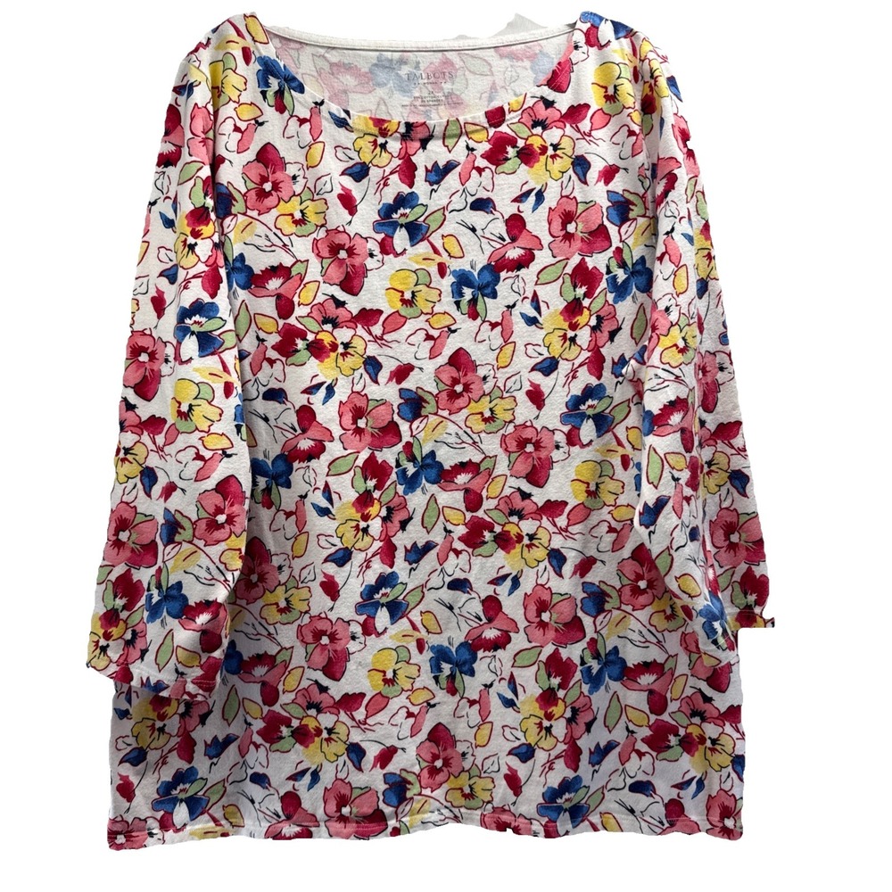 Talbots Women's Top Size‎ 2X Colorful Floral Pink Yellow 3/4 Sleeve Pullover
